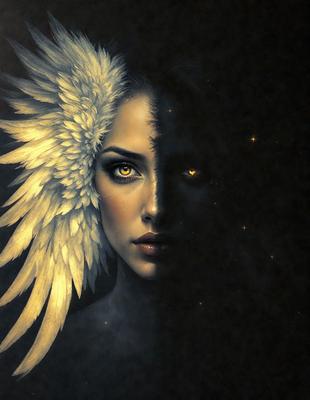 The primary subject of the image is a woman with a white feather headdress. She is wearing a black and white outfit, and her eyes are glowing yellow. The setting is a dark room, and the visual style is a digital art or illustration. The colors and mood of the image are dramatic and mysterious, with the woman's glowing eyes adding a sense of otherworldliness to the scene.